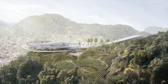 Die ringförmige Bergstation wird zum markanten Wahrzeichen über Bozen. Der zusätzliche Baukörper für die Museen schmiegt sich an den Berg.